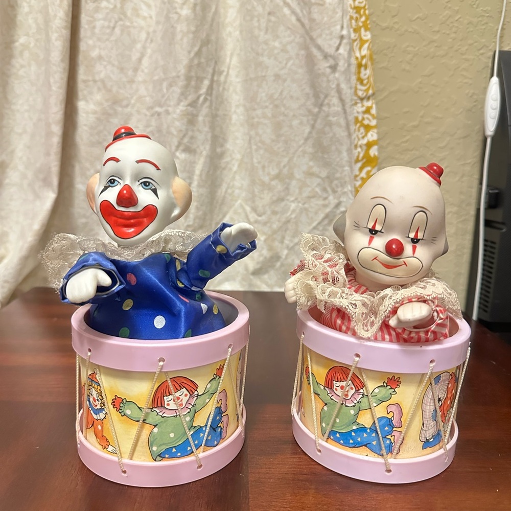 Vintage Set Of 2  Clown Music Box Porcelain Clown In Drum Wind Up Toy Musical